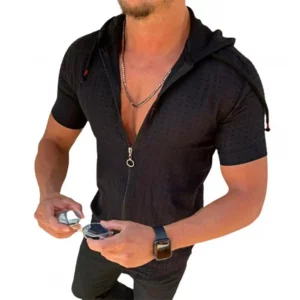 Sweat Capuche Homme Manches Courtes Zippé - T-Shirt Cardigan Décontracté Uni Été