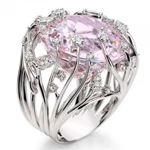 Bague Exagérée en Argent Sterling 925 avec Cristal Rose et Zircon