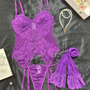 Ensemble Lingerie Sexy Dentelle Transparente 3 Pièces