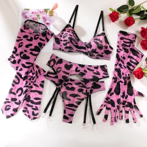 Ensemble Lingerie Léopard Rose : Soutien-gorge, Gants et Chaussettes