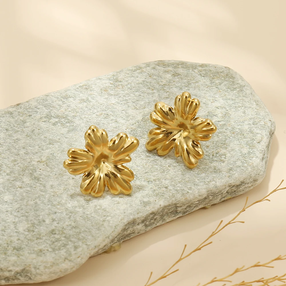 Boucles d'Oreilles Rétro Fleur Métal Doré 18K