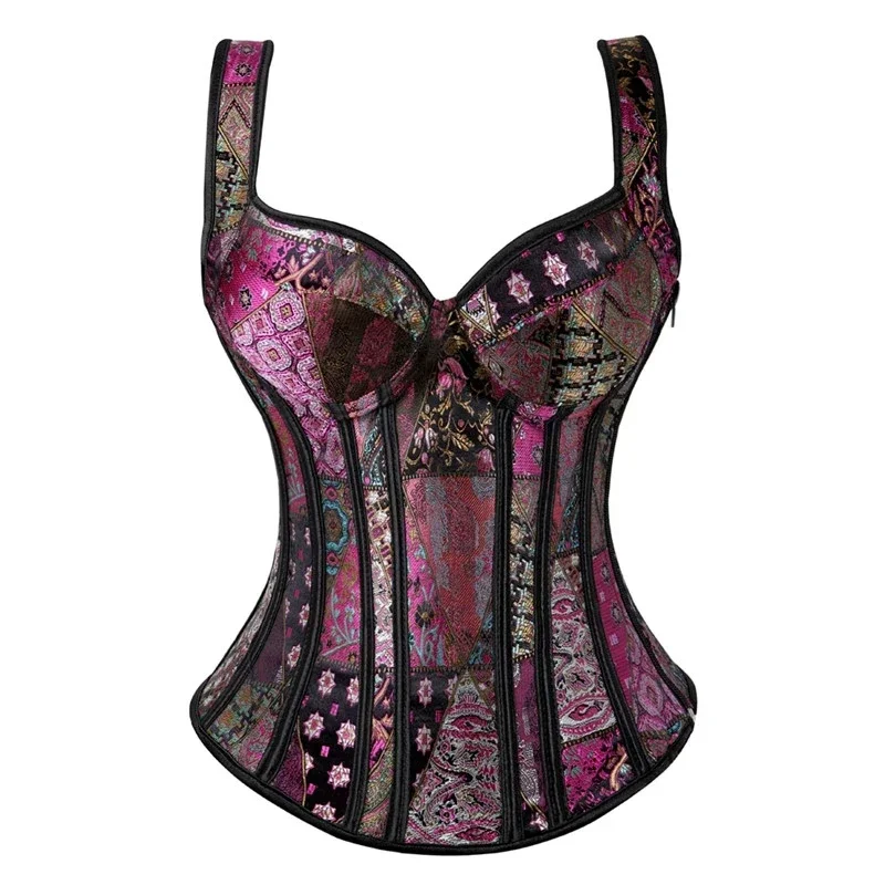 Corset Noir Sexy Jacquard Floral avec Fermeture Éclair – Image 3