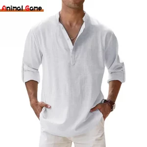Chemise Homme en Coton et Lin Décontractée - T-shirt Henley Léger à Manches Longues
