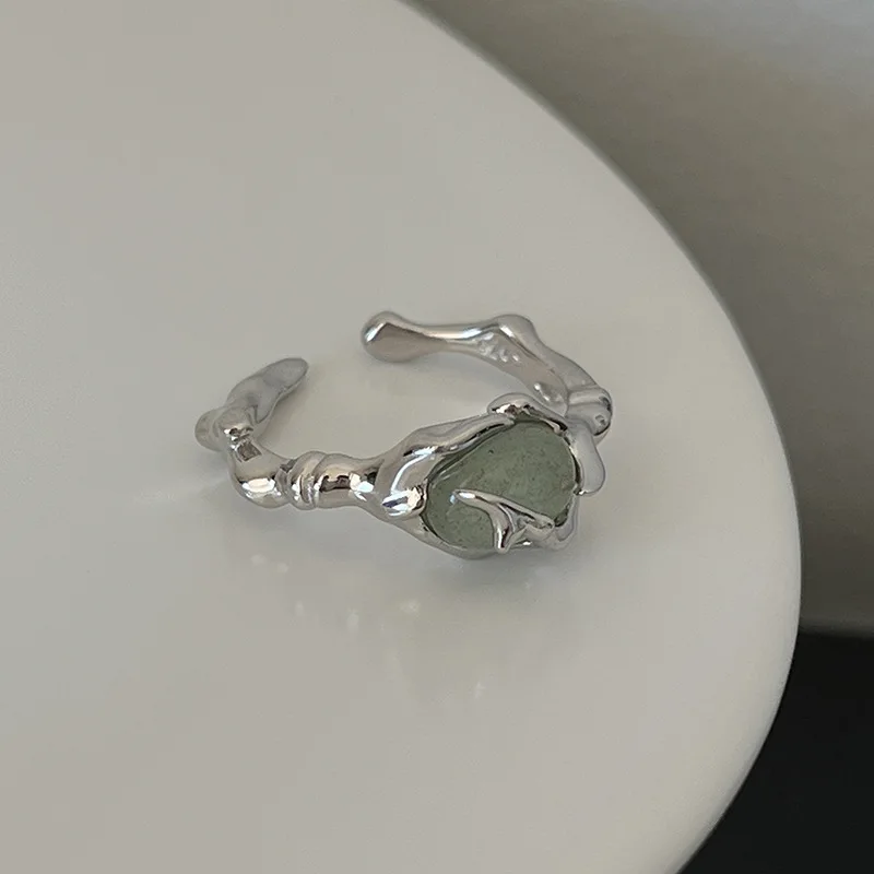 Bague Vintage en Argent Sterling 925 avec Jade Hetian et Bambou