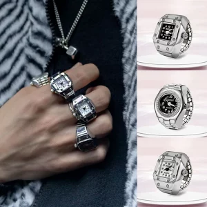 Bague Montre Rétro Punk avec Bracelet Élastique pour Femmes et Filles