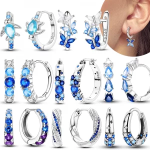 Boucles d'Oreilles Créoles Papillon Zirconium Bleu Argent Sterling 925