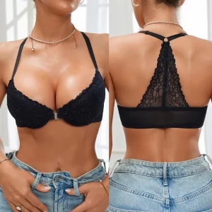 Soutien-gorge Sexy en dentelle avec boutons sur le devant pour femmes, dos nu, côtelé, Push Up, Lingerie, bonnet Triangle, à armatures, couleur unie