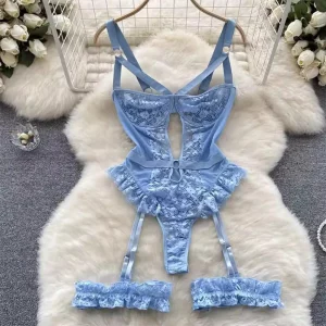 Ensemble de Lingerie Érotique en Dentelle avec Soutien-Gorge à Armatures, Culotte et Jarretelles