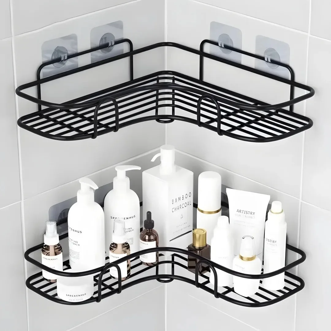 Étagère d'angle pour salle de bain en métal, sans perçage