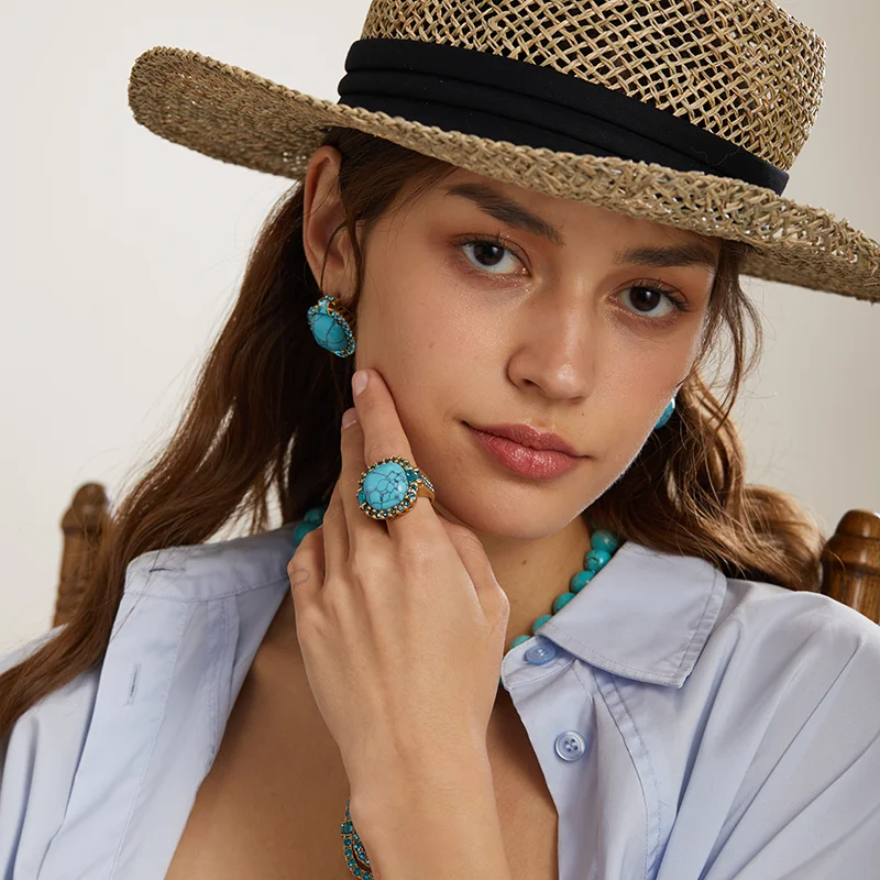 Bague Art Déco Vintage Turquoise Plaqué Or 18K – Image 3