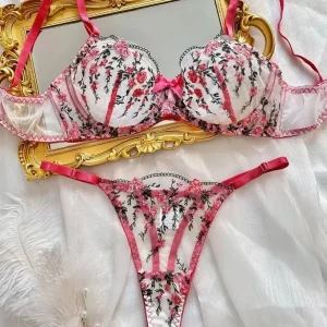Ensemble de Lingerie Sexy en Maille Transparente avec Broderie Florale