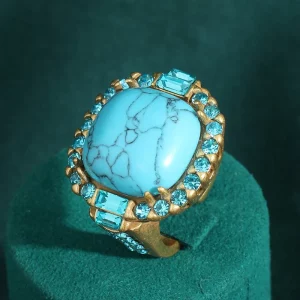 Bague Art Déco Vintage Turquoise Plaqué Or 18K