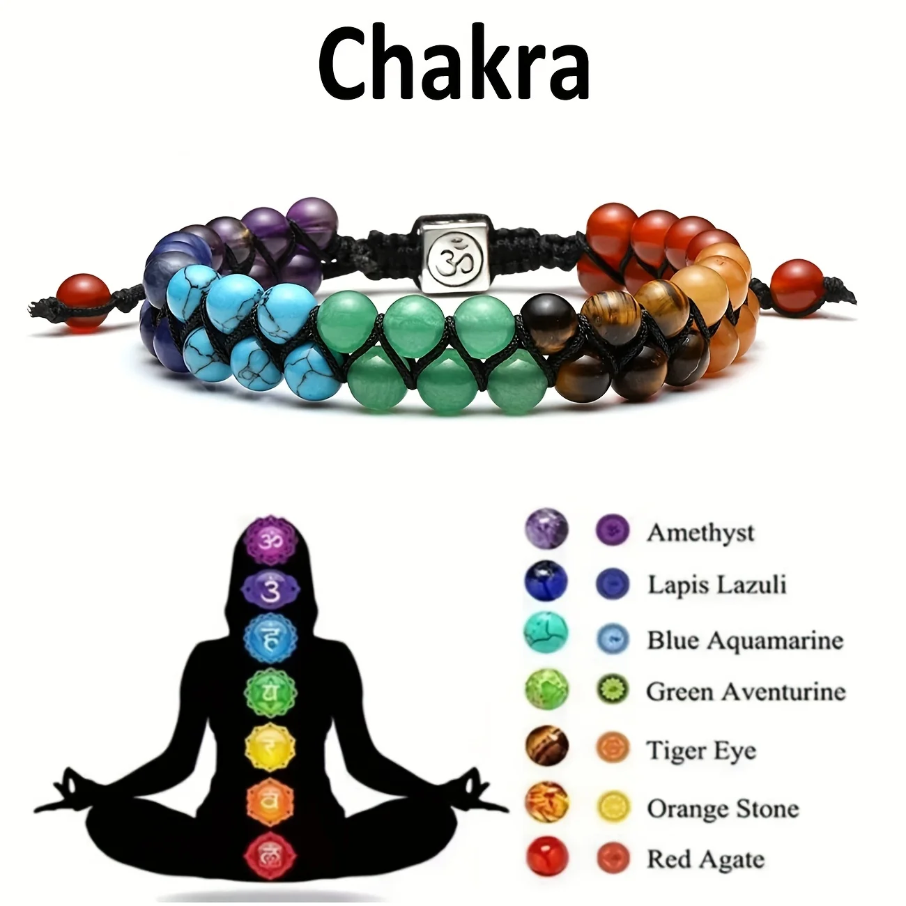 Bracelet 7 Chakras Pierres Naturelles Om Yoga Méditation Réglable