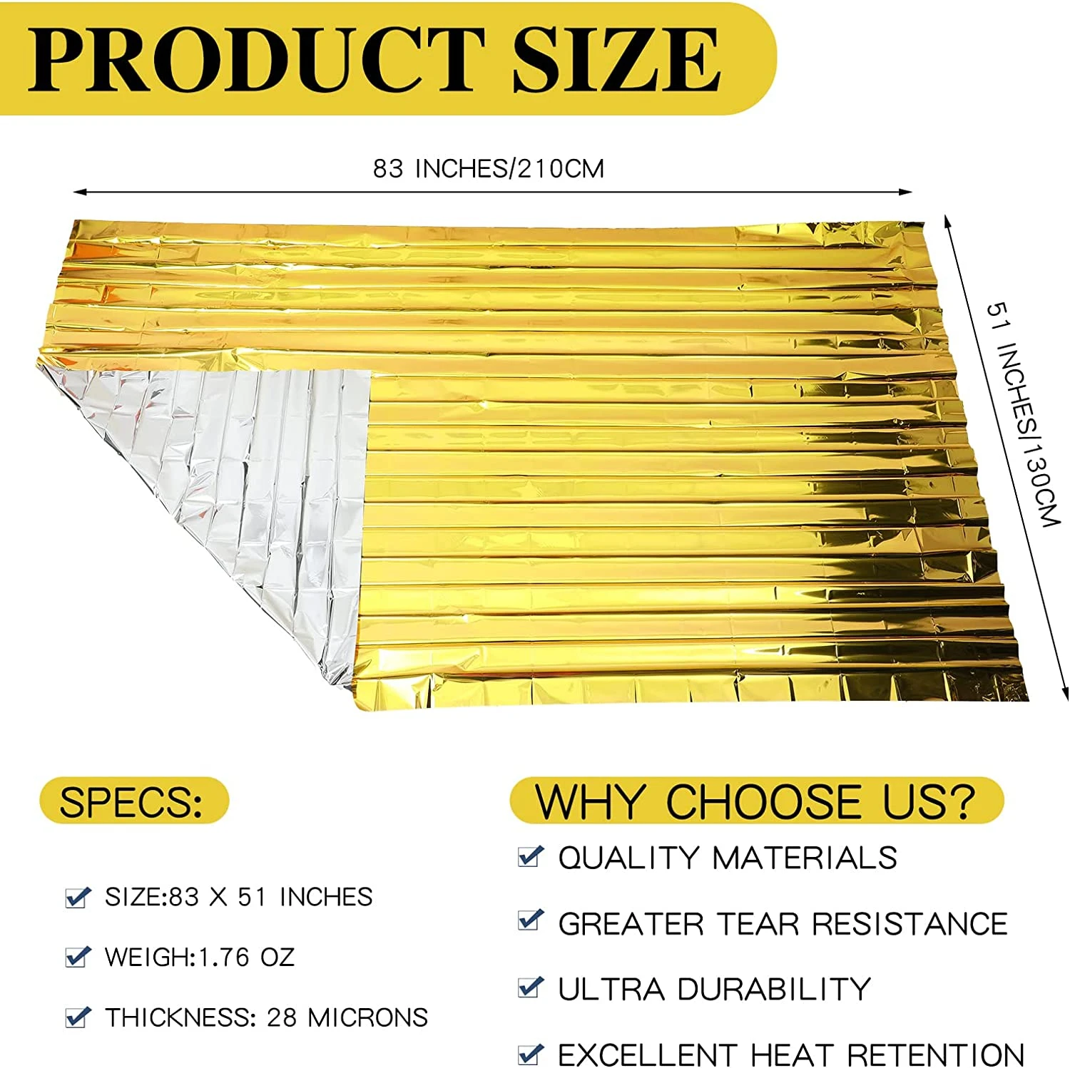 Couverture de survie d'urgence extérieure en argent d'or, imperméable, rideau de sauvetage de premiers secours, feuille militaire thermique, 5 à 30 pièces, 130x210cm – Image 2