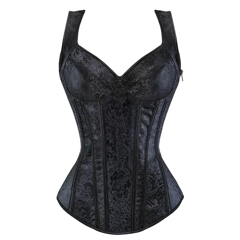 Corset Noir Sexy Jacquard Floral avec Fermeture Éclair – Image 2