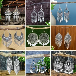 Boucles d'Oreilles Ethniques Vintage Fleur Métal Argenté