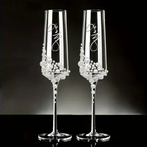 Flûtes à Champagne Cristal Perlé Design Cursif - Lot de 2