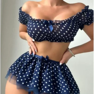 Ensemble de lingerie 3 pièces à pois avec jupe bouffante et haut en dentelle