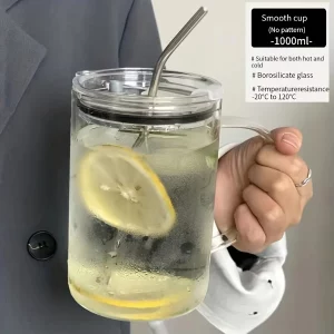 Grand Verre à Boire avec Couvercle et Paille 1L