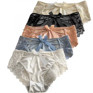 Lot 5 Culottes Soie Femme - Lingerie Sexy Noeud Papillon - Sous-Vêtements Confort Dentelle