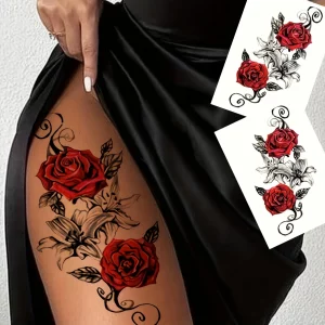 Autocollants Tatouages Temporaires Roses Rouges - Lot de 2 Planches pour Bras et Jambes