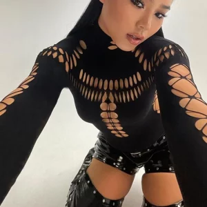Body Femme Manches Longues Sexy avec Découpes Noir