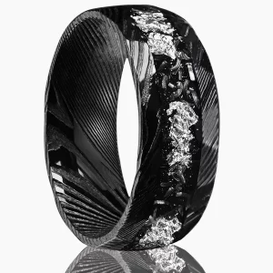 Bague Acier Damas Noir Feuille Argentée 8mm Homme