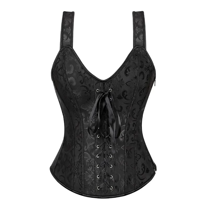 Corset Noir Sexy Jacquard Floral avec Fermeture Éclair – Image 5
