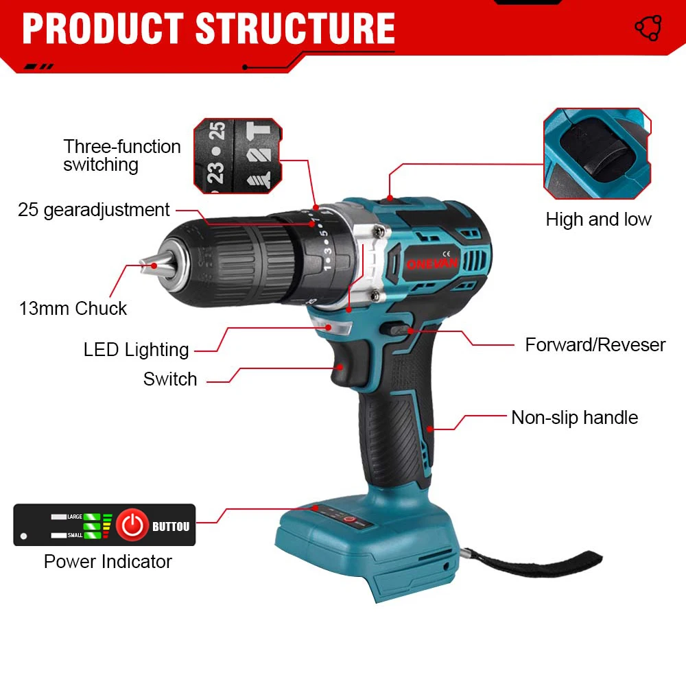 ONEVAN Perceuse Électrique Sans Balais 1000W - 450Nm, 3 Fonctions, Outil de Bricolage Makita – Image 3