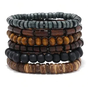 Wodeen Lot de 6 Bracelets Vintage en Cuir et Bois pour Homme