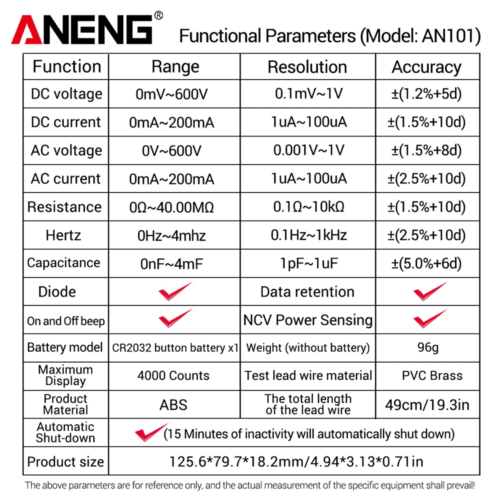 ANENG AN101 Multimètre Numérique Professionnel 1999 Comptes Testeur AC/DC – Image 4
