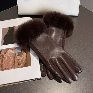 Gants d'Hiver Chauds en Cuir PU avec Manchette en Fausse Fourrure pour Femme