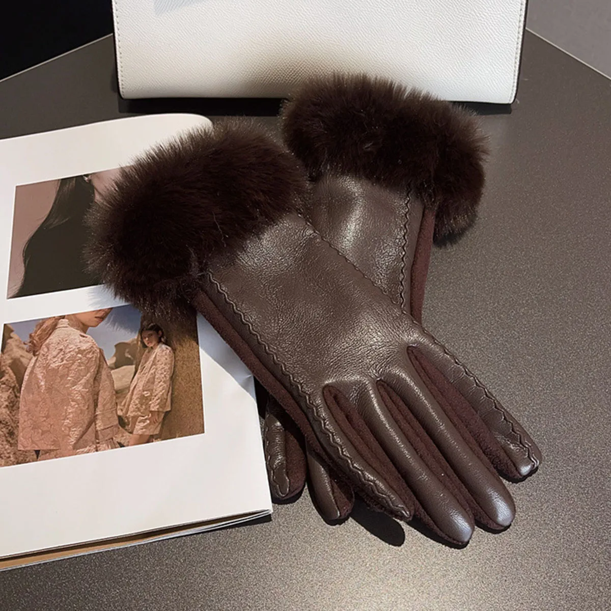 Gants d'Hiver Chauds en Cuir PU avec Manchette en Fausse Fourrure pour Femme
