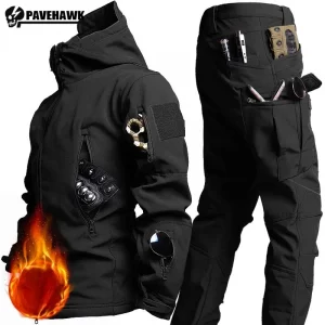 Ensemble Tactique d'Hiver PAVEHAWK pour Homme : Veste Capuche Multi-poches et Pantalon Combat Imperméable